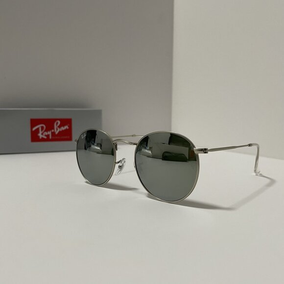 NWOT Ray-Ban RB3447 Round Metal Silver Frame Silver Mirror Lens 50